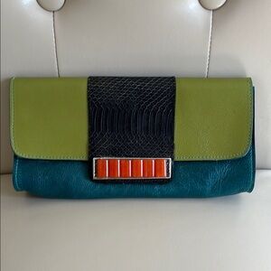 Leatherock Green and Blue Color-Block Clutch